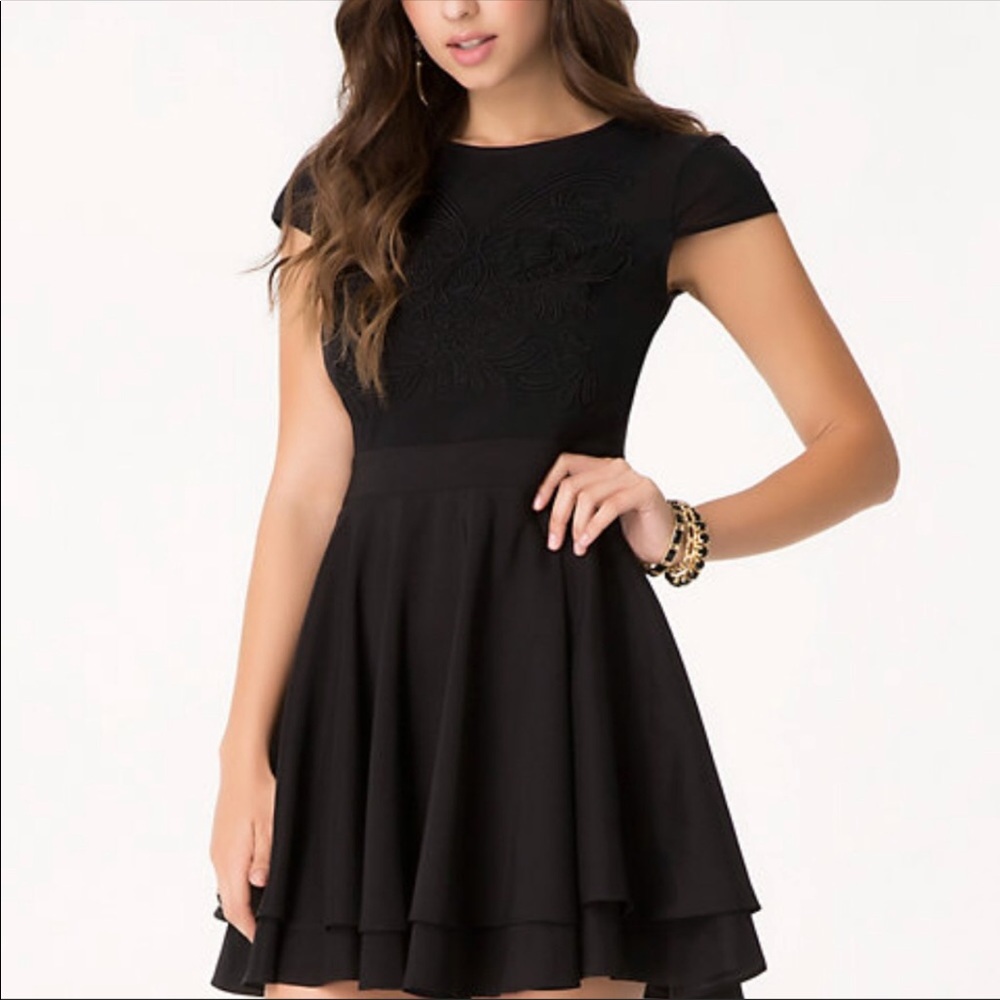 Mesh and soutache flare black dress